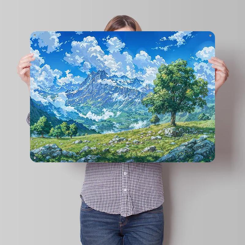 Anime Mountain Tree View D Texture Metal Poster Customized Wall Art Tin Sign Gift for Mancave Living Room Decoration House Home