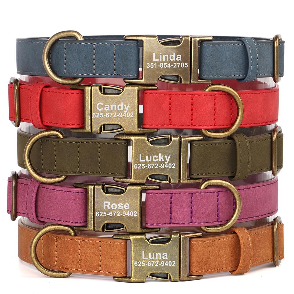 Персонализированный комплект из ошейника и поводка для собак из искусственной кожи, ошейники для собак с поводком, пряжка с индивидуальной гравировкой для маленьких и больших собак