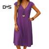Женское летнее хлопковое льняное платье миди с V-образным вырезом, короткими рукавами и карманами, повседневный пляжный сарафан А-силуэта