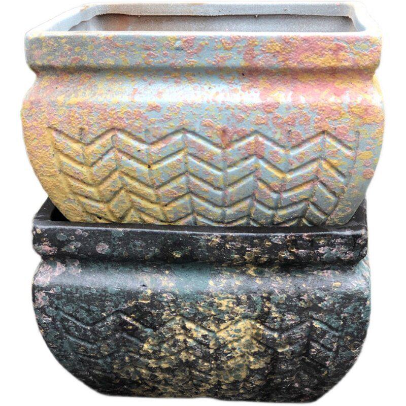 Yixing Handmade Square Mouth Coarse Pottery Planter - Large Succulent Flower Pot with Old Branch Design and Jade Pendant.