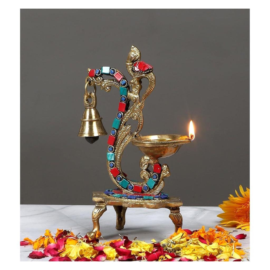 Gemstone Work Ethnic Carved Peacock Design Brass Diya with Bell, Brass Antique Oil Lamp, Brass Diyas for Home, Latest
