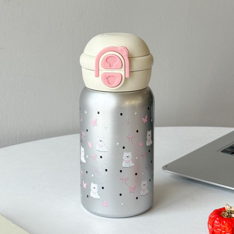 Cute Cartoon Print Double Drink Stainless Steel Thermos Cup with Straw - Portable Pop-Up Cup for Girls and Students