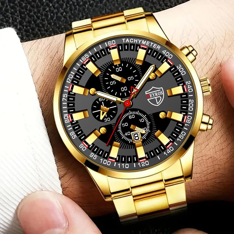 3 шт./комплект модных мужских спортивных кварцевых часов с наручными часами из нержавеющей стали и браслетом-колье, лучшие подарки для него