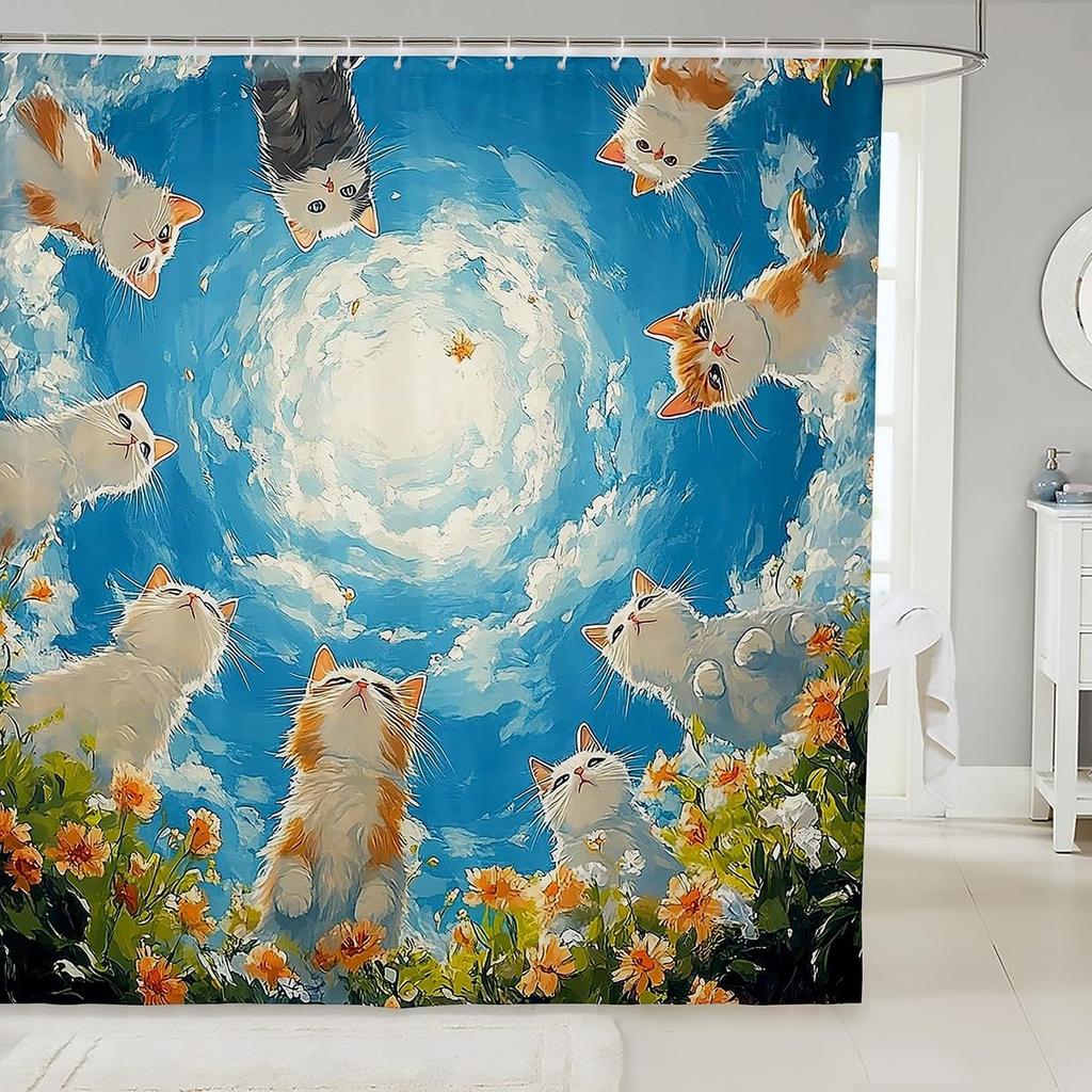 Шторка для душа с кошками, Цветная цветочная шторка для ванной, Милые животные-питомцы для детей, девочек, мальчиков, взрослых, Водонепроницаемая ткань, Голубое небо, Ванна