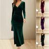 Fall Spring Women Evening Dress Long Sleeves Slim Fit Pure Color Fishtail Hem Velvet V Neck Prom Cocktail Party Midi Dress