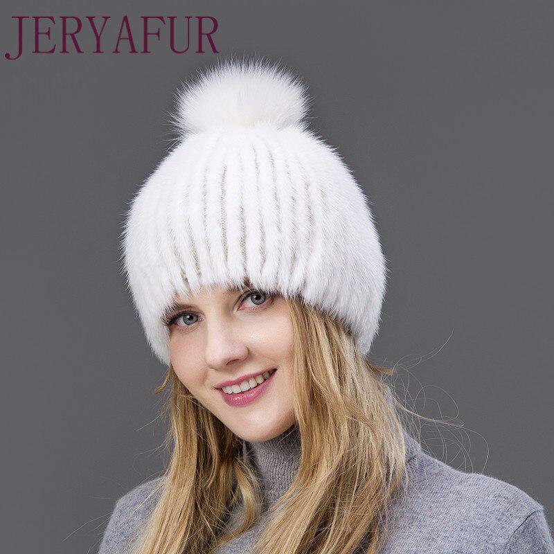 JERYAFUR Модная зимняя шапка, теплая женская вязаная шапка, норковая шапка с вертикальным тканым лисьим помпоном, лыжная шапка