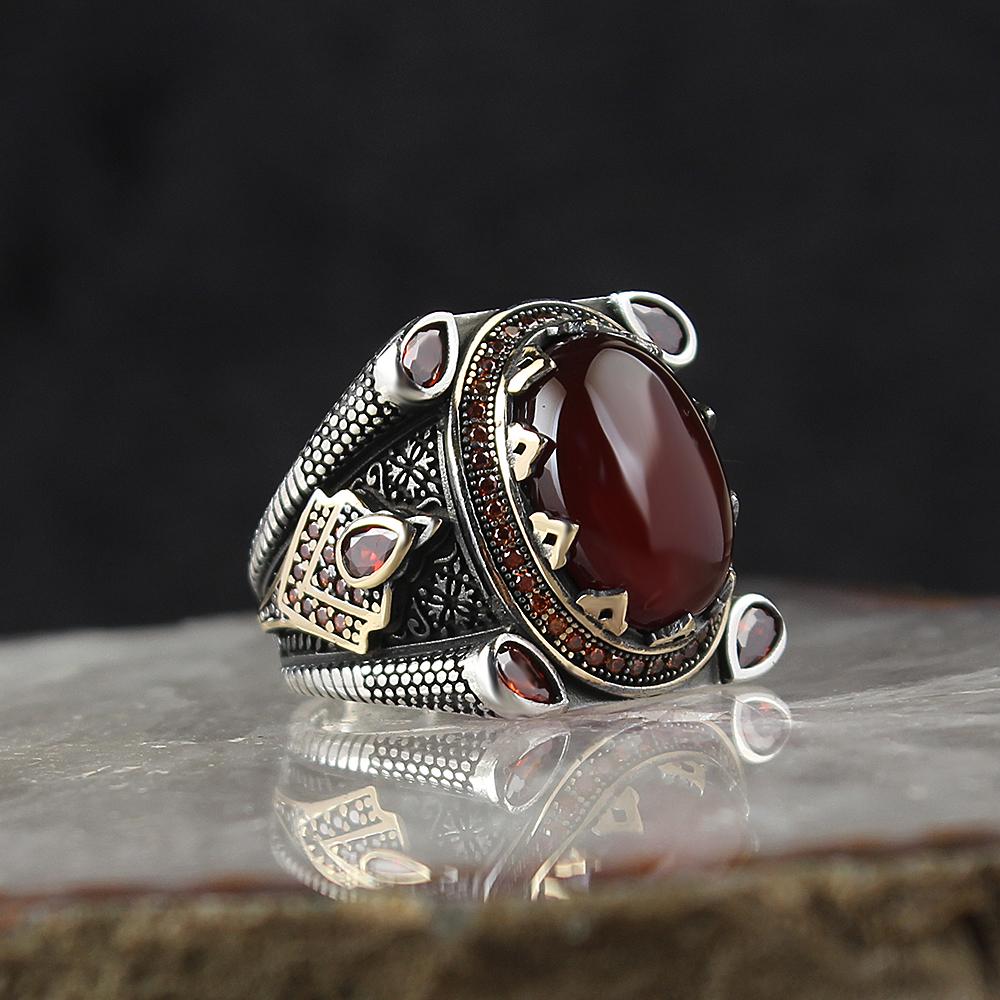 Etnik Bordo Akik Taşlı 925 Sterling Silver Man Ring