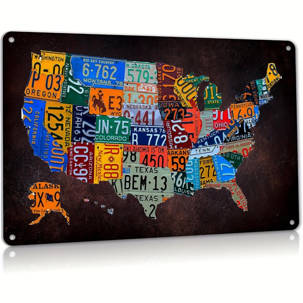 1pc Vintage Plaque Poster Garage Bar Home Wall Decor, USA Map Route 66 License Plate Metal Sign Aluminum 8x12 Inch