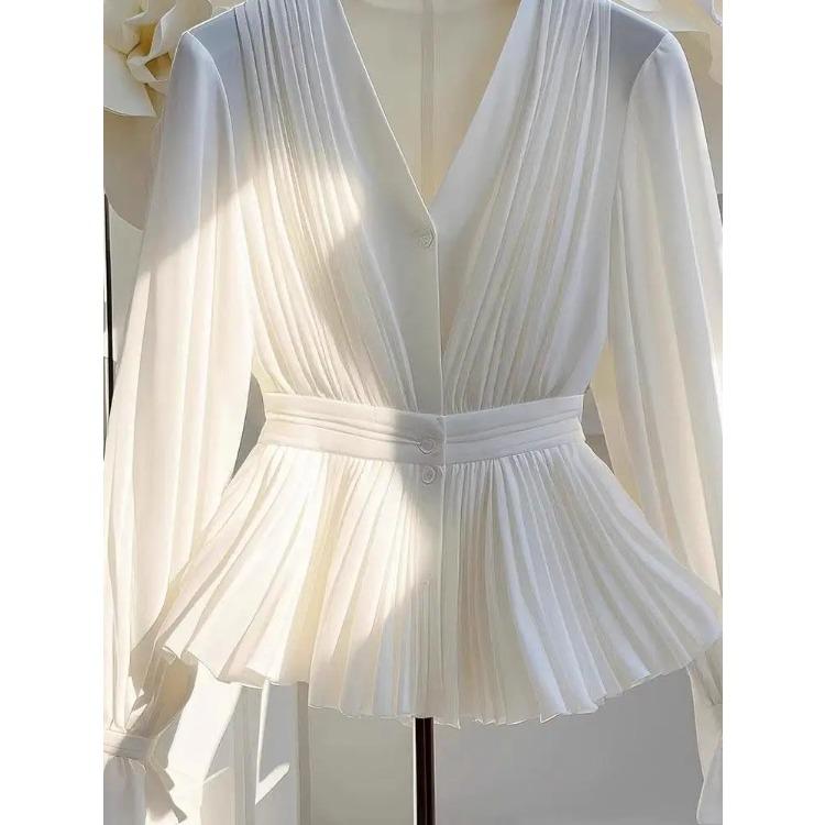 Молодежная элегантная плиссированная белая рубашка с длинным рукавом на пуговицах для женщин с V-образным вырезом и оборками, базовая блузка из шифона для офиса и повседневной носки