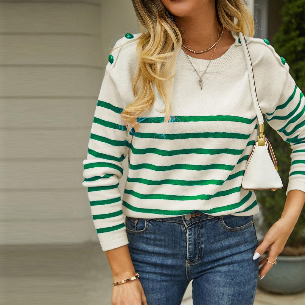 Women's Casual Fashion Comfortable Round Neck Pullover Contrast Color Striped Long Sleeve Street Trend Knitted Sweater