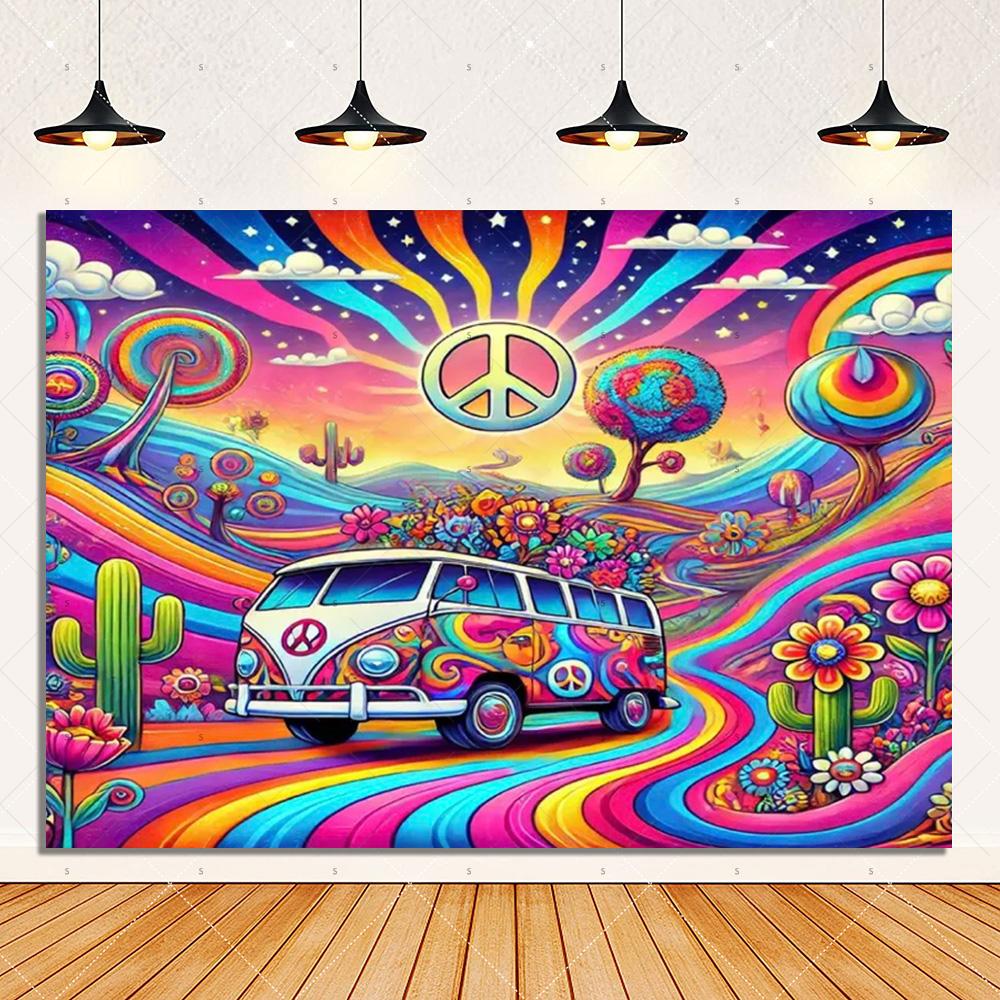 Colorful Hippie Bus Background Banner Bohemian Style Theme Backdrop Supplies Love And Peace Party Decorations Photography Props