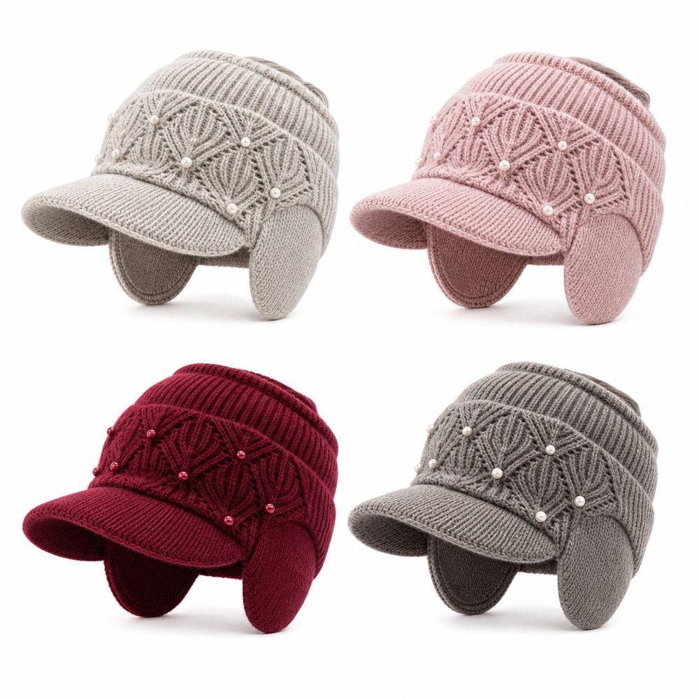 Pearl Knitted Open-top Baseball Cap Anti-freezing Winter Warm Hat Ear Protection Hat  Winter Wear