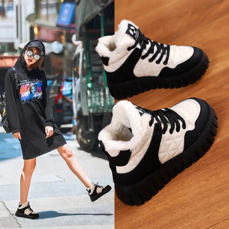 Женские хлопковые туфли Plush 2024 Winter Толстая подошва Comfort Anti Slip Теплые ботильоны на шнуровке на платформе, увеличивающие рост