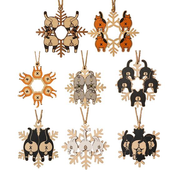 Рождественское украшение в виде снежинки с кошачьей попой, забавное деревянное украшение на елку с кошачьей попой