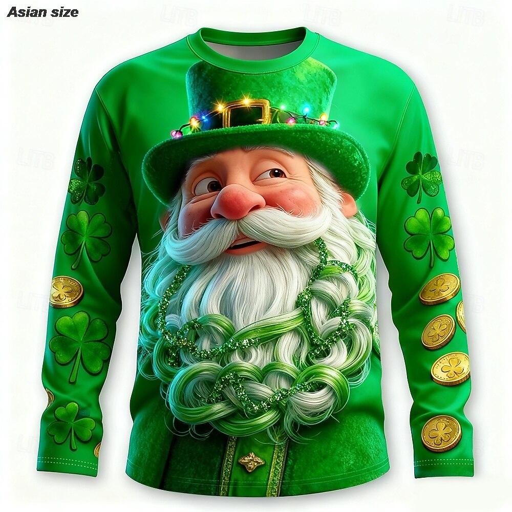 2026 St Patricks Day Green T Shirt Mens Funny Lucky Gnome Graphic Long Sleeve Tees Thumbs Up Shamrock Print Casual Tops Clothing