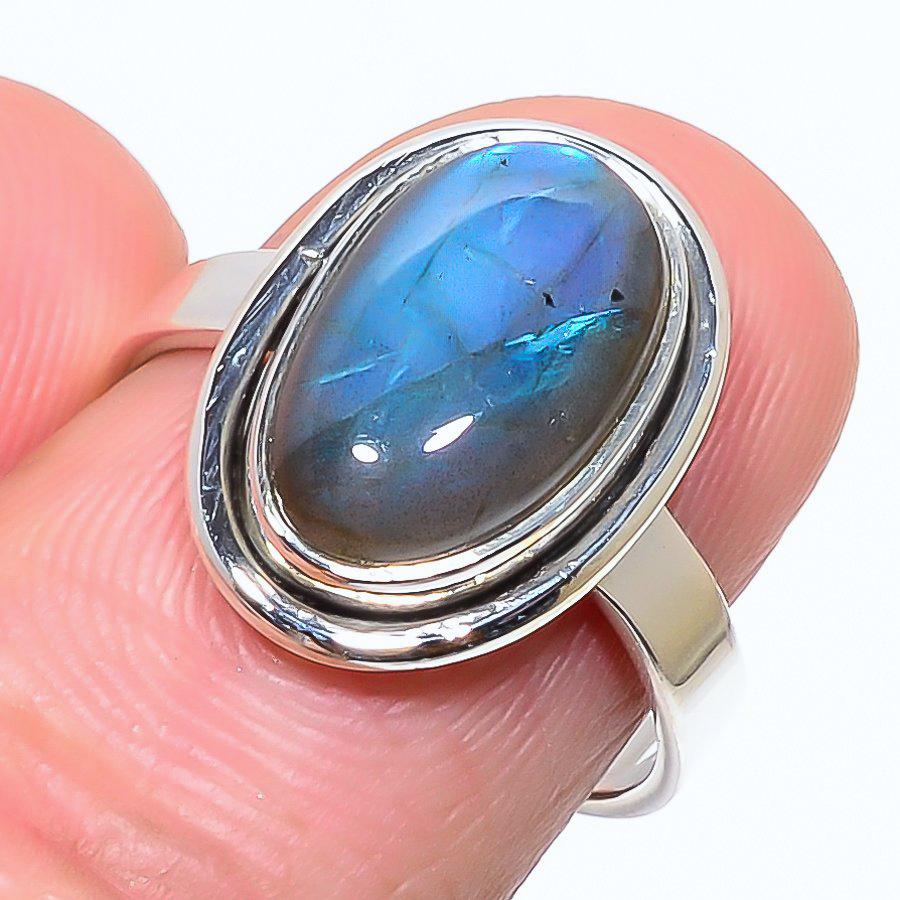 Кольцо из чистого серебра 925 пробы с натуральным лабрадоритом ручной работы, размер 8 F1v43