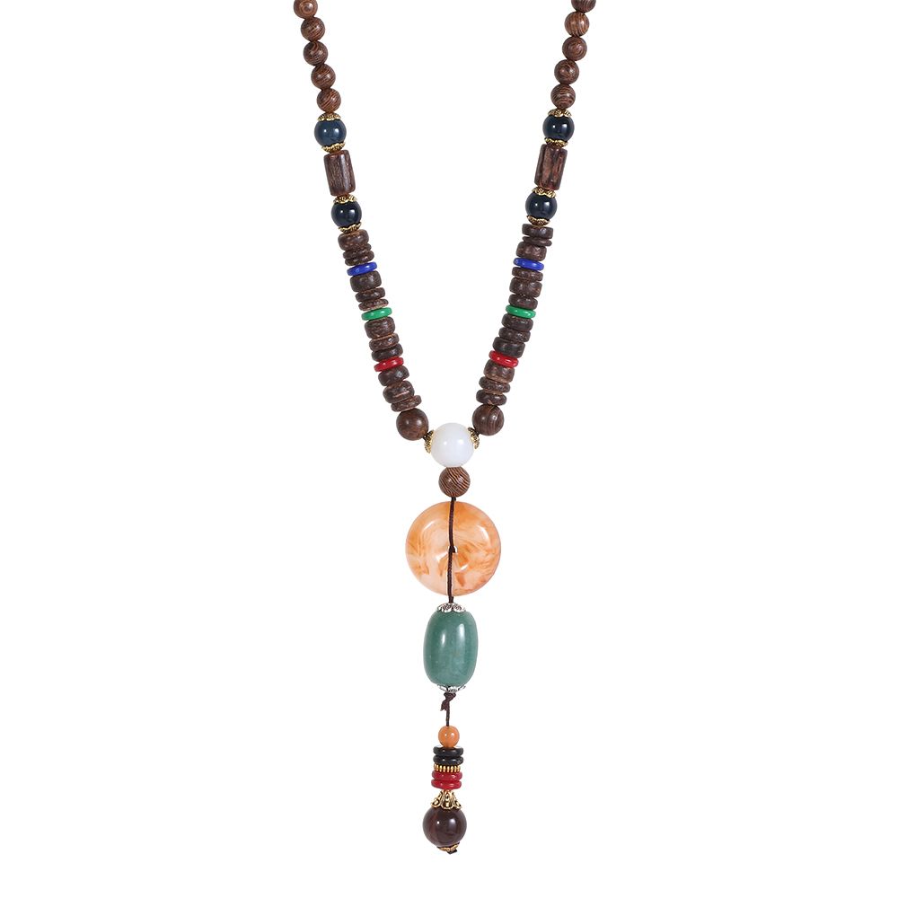 Boho Party Handmade Lucky Gift Buddhist Horn Fish Pendant Mala Wood Bead Nepal Necklace
