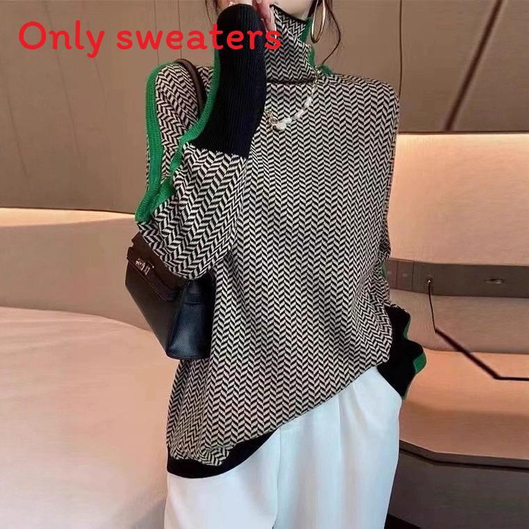 Geometric Pattern Knit Sweater With Color Block Edges For Women Fall