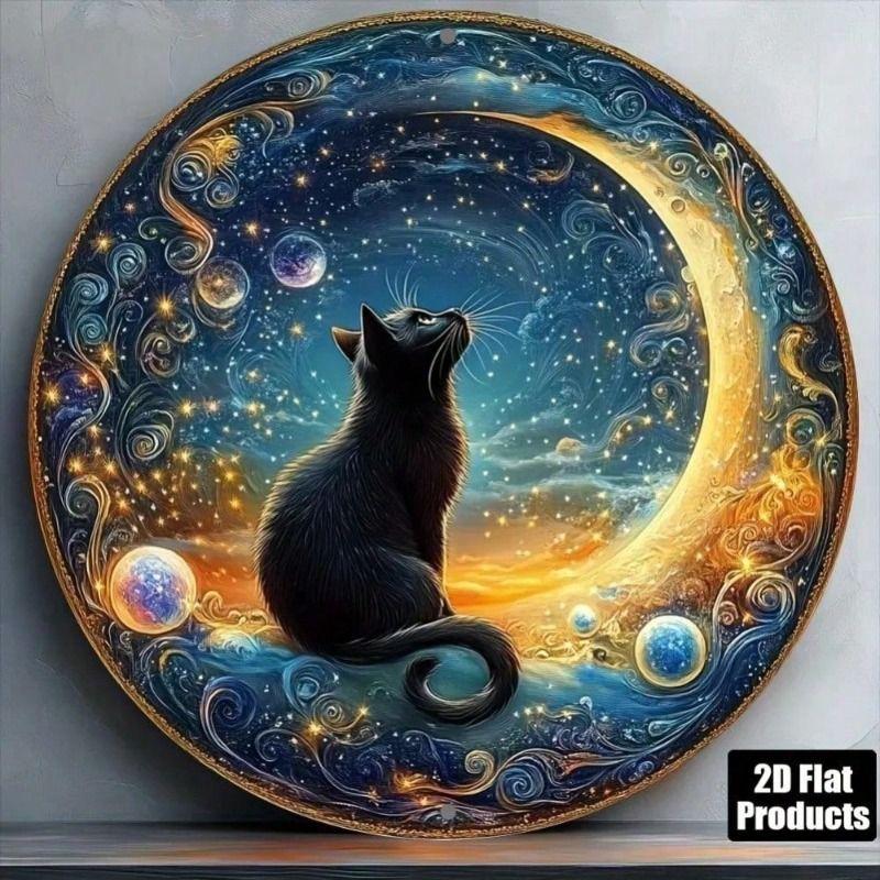 Забавный металлический плакат с кошкой и луной на ночном небе, винтажный круглый алюминиевый 20 см для настенного искусства в гостиной