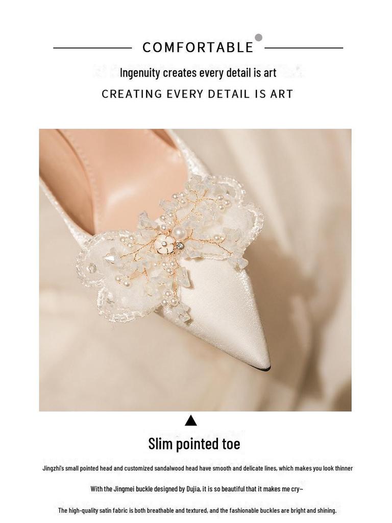 White Satin Stiletto Heels with Rhinestone Bow for Weddings and Banquets
