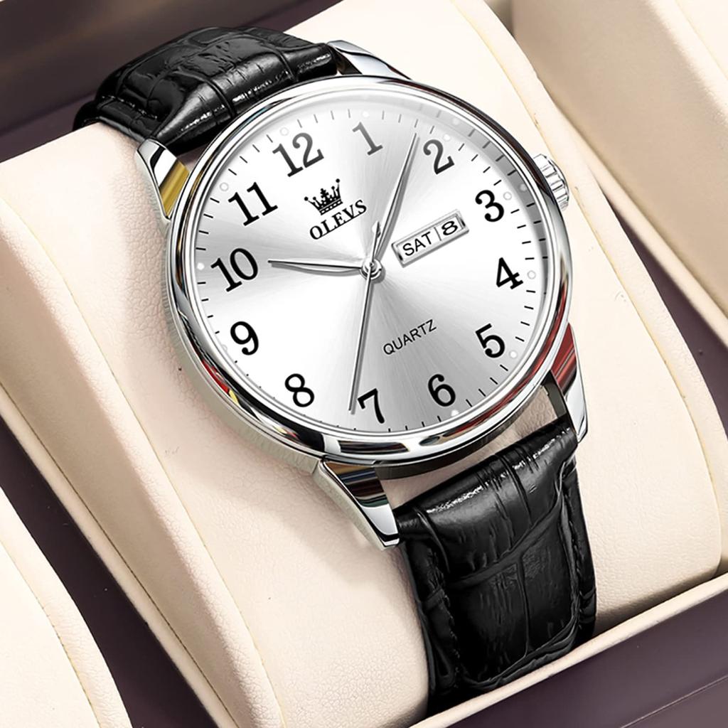 OLEVS Черные стильные кварцевые часы Аналоговые водонепроницаемые часы Популярные часы Кожаный ремень Бизнес-часы День недели Дата Легко читаемый подарок Белый