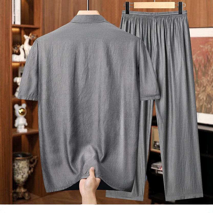 Breathable Ice Silk Tang Suit: Men's Summer Short-Sleeve Shirt & Pants Set for Middle-Aged and Elderly
