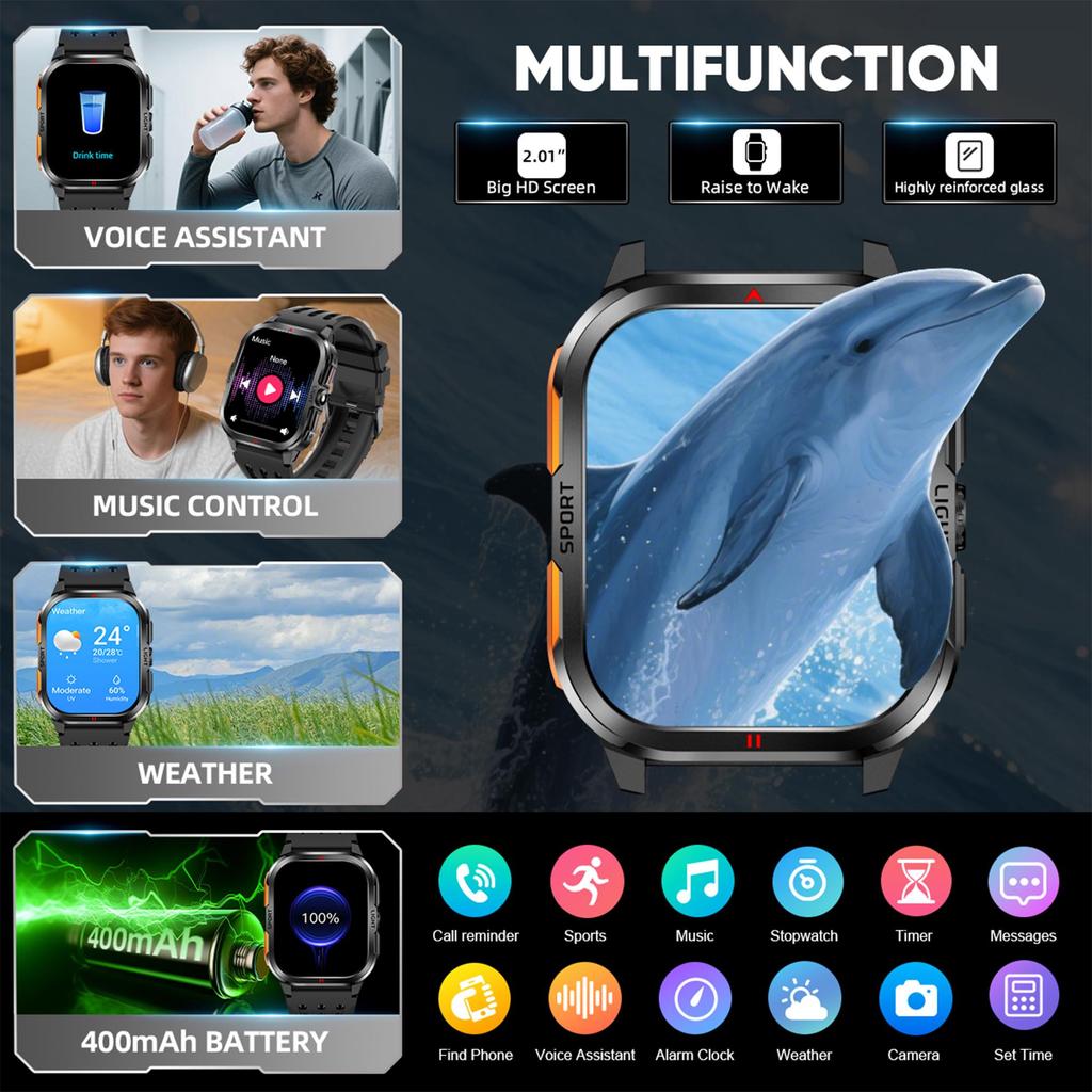 LIGE New Smart Watch 2.01-inch Curved Screen Bluetooth Call Outdoor Sports Waterproof Men's Smart Watch