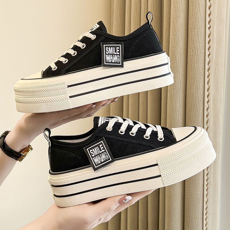 Women Black White Platform Canvas Shoes Sneakers Lace Up Comfortable Shoes Fashion Outdoor Versatile Sport Vulcanize Shoes