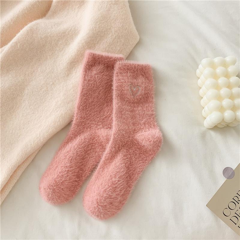 Love Embroidered Imitation Mink Fur Cutesocks for Children's Autumn and Winter Collection Medium Tube Socks Thick Plush Postpartum Socks