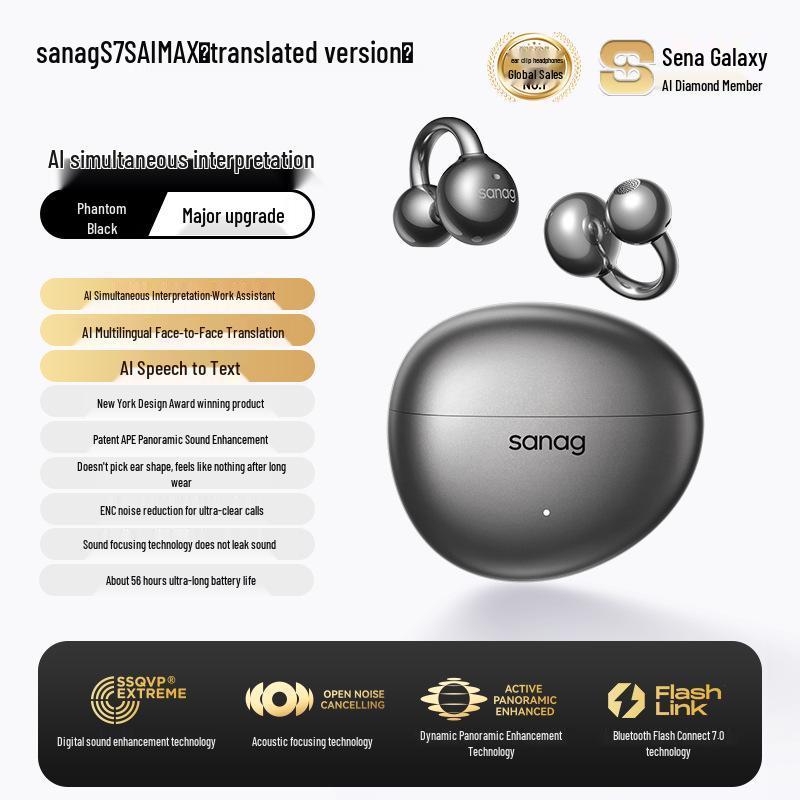 Bluetooth-наушники-клипсы Sanag S7S с ИИ-переводом и костной проводимостью для спорта 2025 года - Открытая конструкция, не затыкающая уши