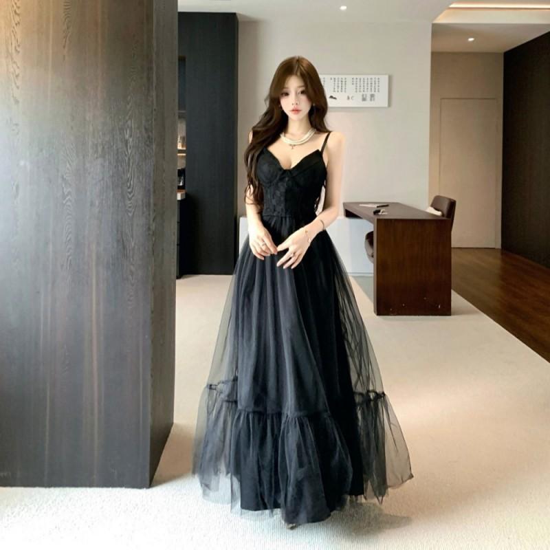 Elegant Lace Mesh Panelled Maxi Dress With Corset Boning Sleeveless Strapless Party Women