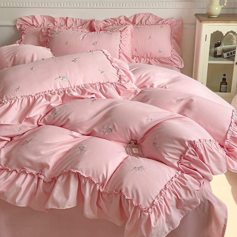 Комплект из четырех предметов в стиле принцессы с кружевом из чистого хлопка, корейская версия, кружевная вышивка, однотонный, стиранный хлопок, пододеяльник, постельное белье