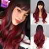 Women Long Natural Wavy Wig with Bangs Ombre Black Red Wine Color Wavy Long Synthetic Fiber Wig for Women