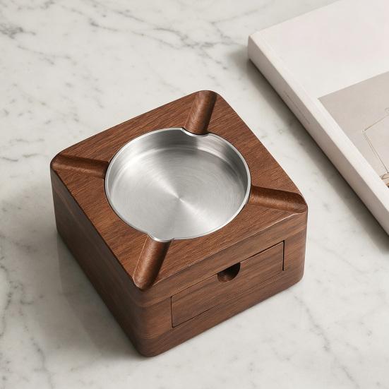 jijijing Square Wooden Ashtray for Men, Non-slip Ash Holder with 4 Slots & Drawer, High Temperature Resistant Indoor Outdoor