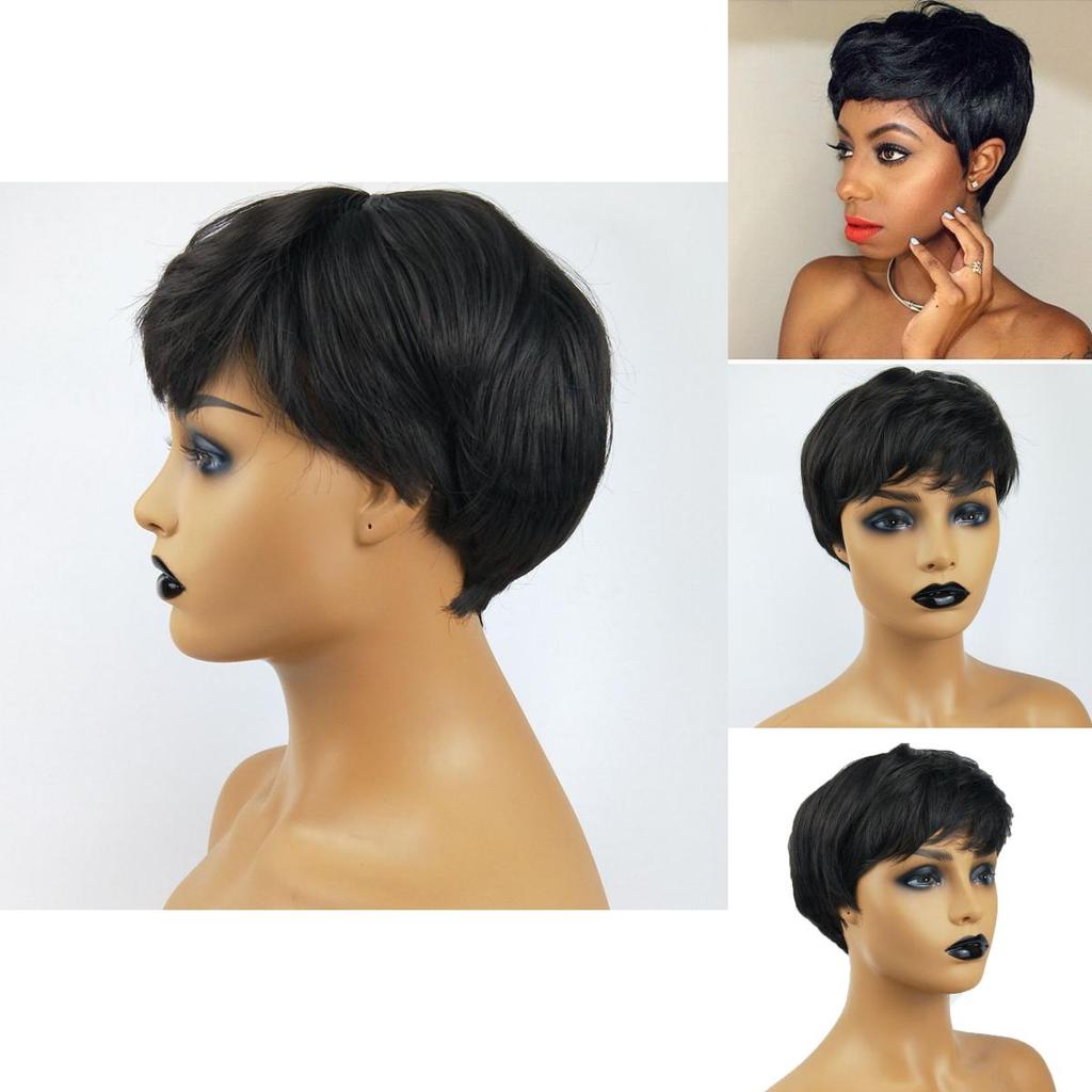 Classic Pixie Cut Synthetic Wigs Straight Black Wigs With Bangs Short Hair For Women