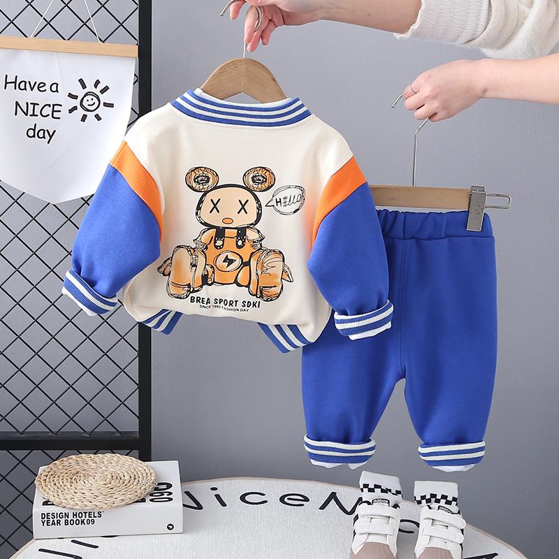 0-5-Year-old Boys' Long Sleeved Three Piece Set Cartoon Teddy Bear Baseball Jacket Round Neck White Top Casual Ankle Tied Pants
