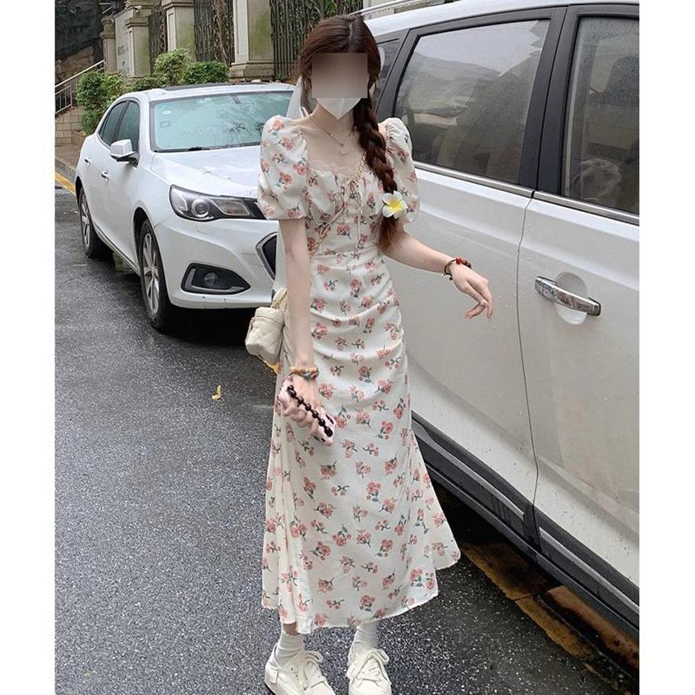 Женское французское платье «Первая любовь» с цветочным принтом, квадратным вырезом, юбкой «рыбий хвост», пышными рукавами и шнуровкой на спине