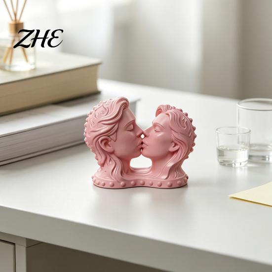 Artistic Desktop Collection 3D Printed Couple Kissing Head Sculpture, White Modern Art Statue for Home Living Room Bedroom, Minimalist Desk