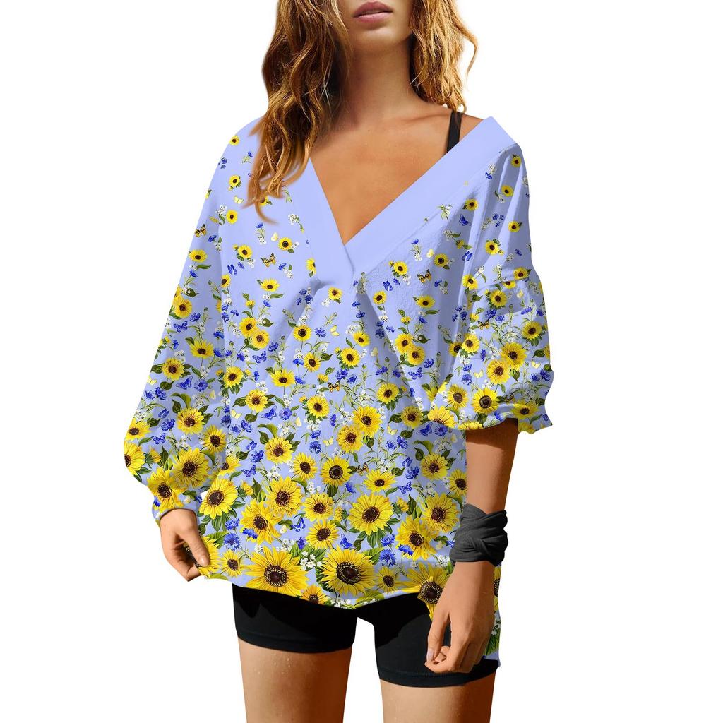 Женская мода V-образный вырез длинный рукав принтованный свободный пуловер свитшот топ