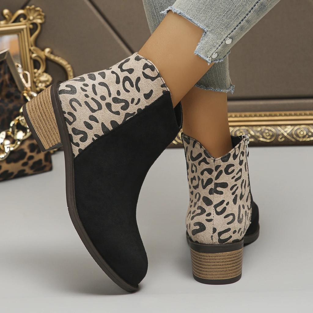 Autumn Winter Black Women's Retro Suede Ankle Boots Leisure Cowboy Boots Leopard Comfortable Ladies Boots Sapatos Femininos