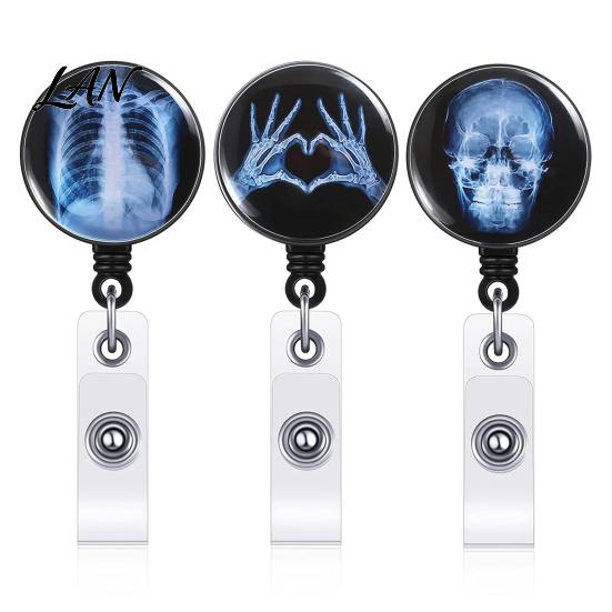ID Card Holder Radiology Badge Reel, Retractable Skeleton with Clip, Chest Medical Student Skull Bones Patterns Name for Nurse Doctor Cards Clip