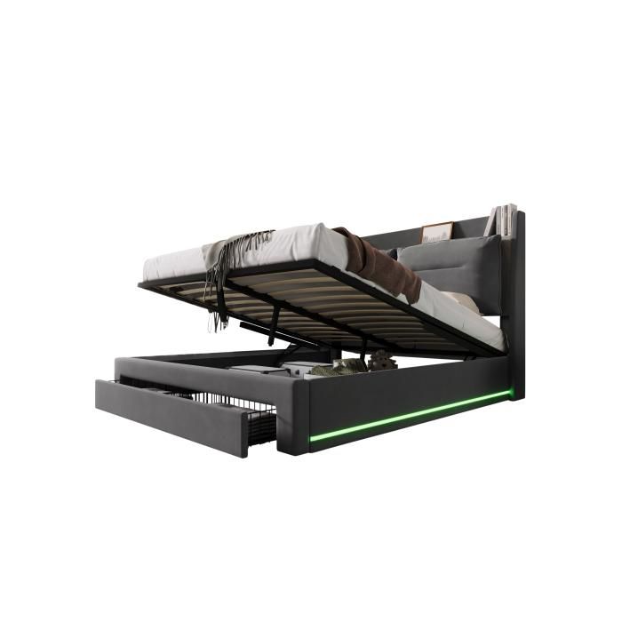 Lit d'éclairage LED - MUVOE - 160x200 - Velours gris foncé - Lit hydraulique - Rangement intégré