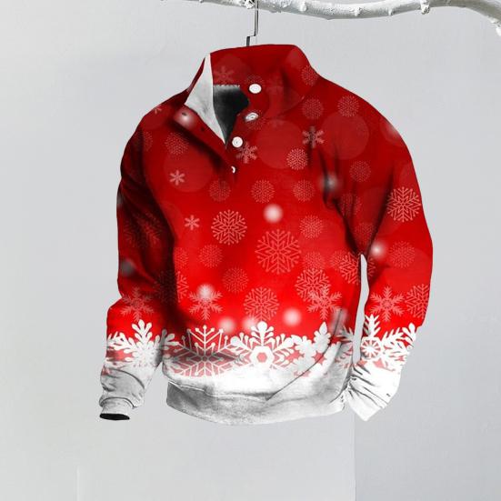 Men Christmas Top 3D Snowflake Printing Buttoned Stand Collar Plus Size Long Sleeves Mid Length Pullover Festive Holiday Sweatshirt