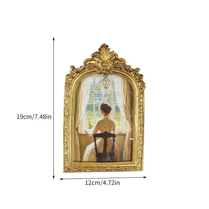 Vintage Gold Decorative Picture Frame, Antique European-Style Desktop Frame with Vintage Artistic Print, for Home Decor