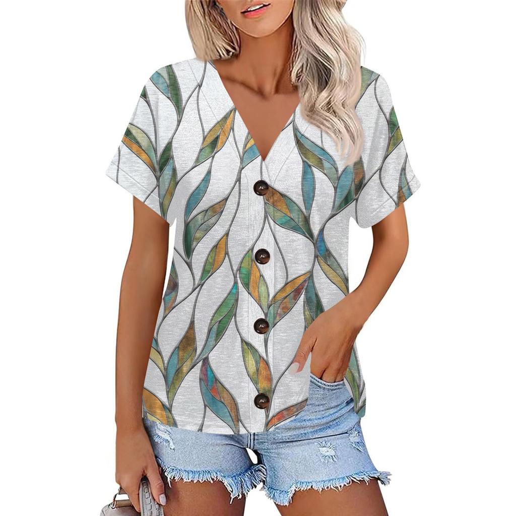 Женская модная повседневная футболка с короткими рукавами и V-образным вырезом, цветочным принтом и застежкой на пуговицы