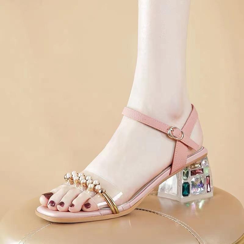 Fashion 2024 New Elegant French Style Transparent Crystal Thick Heel Women's Sandals High Heel Versatile Comfortable Summer Shoes