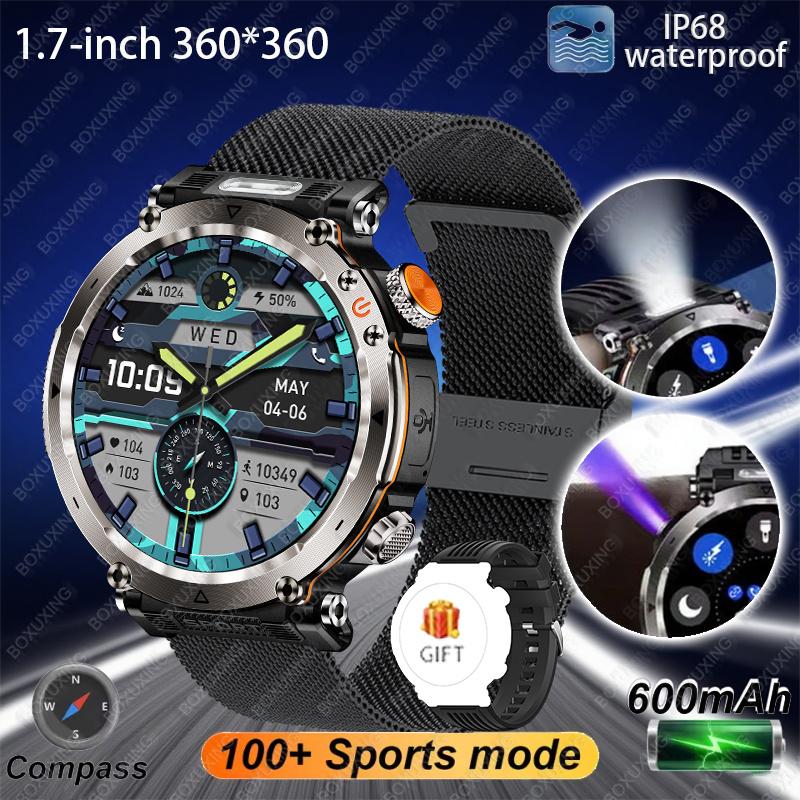 Новые уличные умные часы для мужчин 600 мАч Светодиодный фонарик SmartWatch Компас Bluetooth-звонки Пульс IP 68 Спортивные умные часы Новые