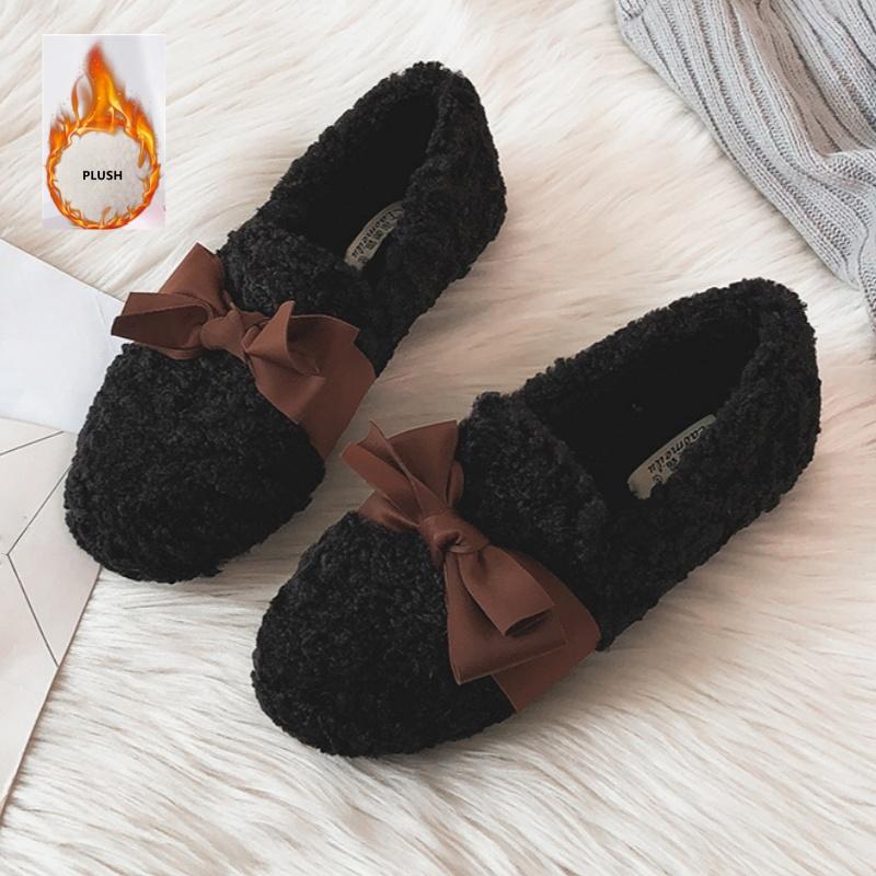 Модная женская обувь в корейском стиле с мелким вырезом, 2025, зимняя, меховая, удобные лоферы, повседневная, мягкая, теплая, на плоской подошве, с бантом, слипоны, женская обувь