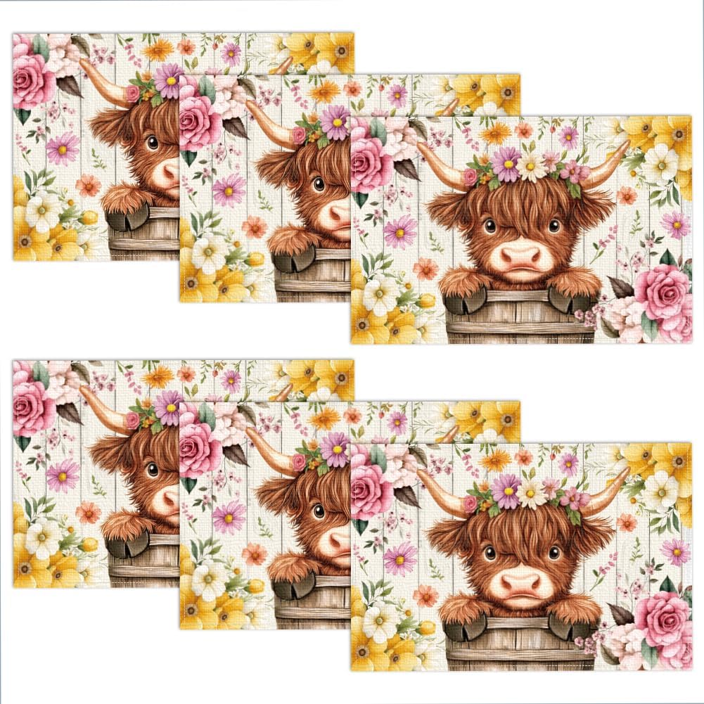 WADORN Flowers Cat Placemats Set of 6, Black Cat Wildflowers Cloth Table Place Mats 11.8x17.7 Inch Non-Slip Linen Washable Table Mats Heat Resistant
