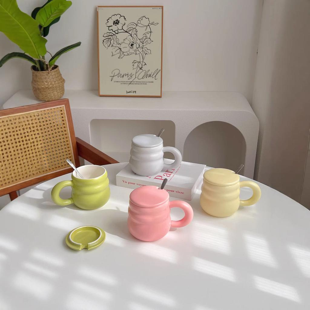 Ceramic Cup Milk Coffee Mug Couple Cute Water Cup with Lid and Spoon Nordic Style